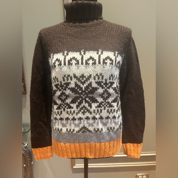Old Navy Fair Isle Brown Gray Wool Blend Turtleneck Sweater Women’s Size Small - Picture 2 of 5